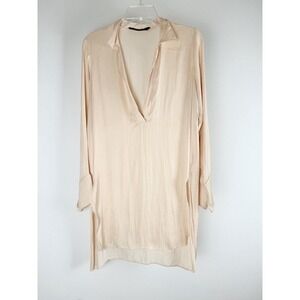 Zara Satin Tunic Top Champagne Collared Blouse Side Slit